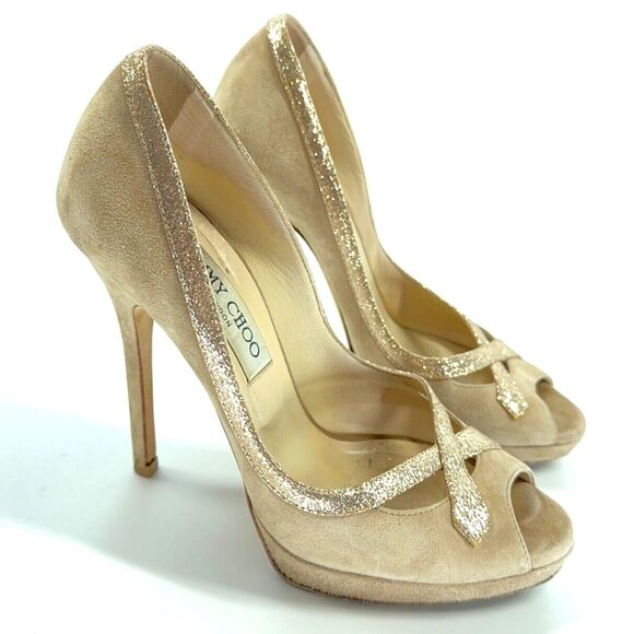Jimmy Choo Gold Trim Nude Suede Peep Toe Platform Heels Pumps Size 35.5 ITALY